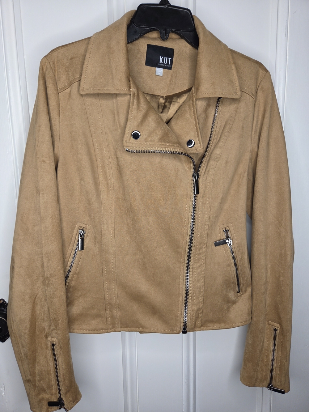 Kut from the Kloth Women’s Tan Suede-Look Asymmetrical Moto Jacket